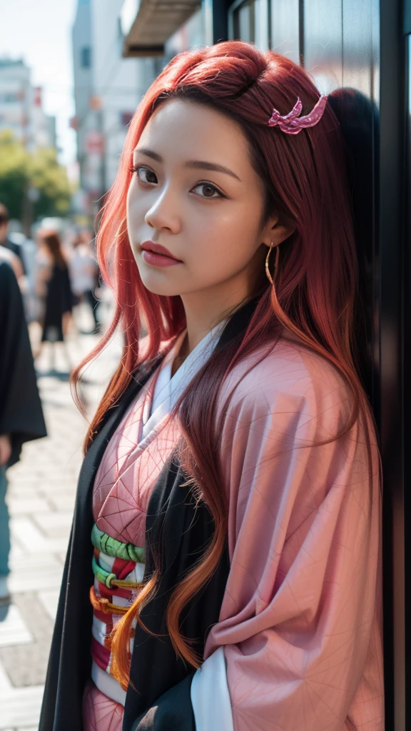 Cute Japanese woman, (), (Very cute face: 1.3), White moisturized skin,
BREAK,
Fighter, Kung Fu fighter, Idol,
BREAK,
(Wearing cute kimono: 1.3), (Very revealing kimono), Very large earrings, Short length,
BREAK,
(Long hair), (Bangs: 1.2), (Pink hair: 1.3), (Wavy hair), (Gradient color red hair: 1.3), (Red hair tips),
BREAK,
(Realistic: 1.3), Masterpiece, Perfect lighting, (Ultra high resolution), (8K), (Very detailed: 1.4), (From the front), Looking at the camera, Melancholic expression,
BREAK,
(Japanese city streets: 1.2), Tokyo Tower in Japan background,
BREAK,
(Demon Slayer: 1.4),