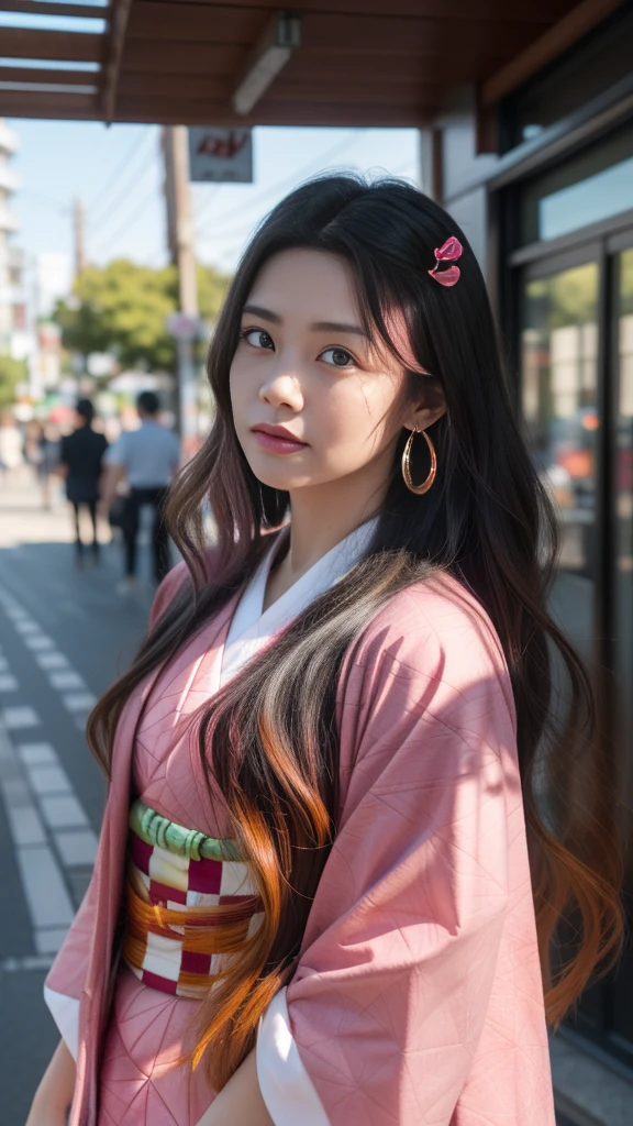 Cute Japanese woman, (), (Very cute face: 1.3), White moisturized skin,
BREAK,
Fighter, Kung Fu fighter, Idol,
BREAK,
(Wearing cute kimono: 1.3), (Very revealing kimono), Very large earrings, Short length,
BREAK,
(Long hair), (Bangs: 1.2), (Pink hair: 1.3), (Wavy hair), (Gradient color red hair: 1.3), (Red hair tips),
BREAK,
(Realistic: 1.3), Masterpiece, Perfect lighting, (Ultra high resolution), (8K), (Very detailed: 1.4), (From the front), Looking at the camera, Melancholic expression,
BREAK,
(Japanese city streets: 1.2), Tokyo Tower in Japan background,
BREAK,
(Demon Slayer: 1.4),