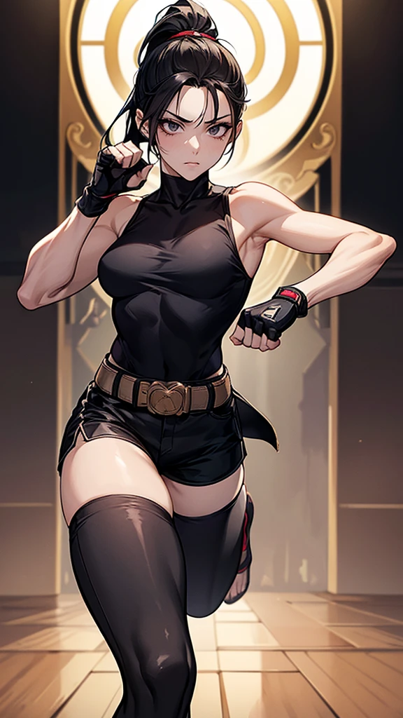 ((Highest quality)), ((masterpiece)), (detailed)　｛{{No sleeve}}｝　Slender female martial arts instructor　Mature Woman　((Combat Stance))　Long fingerless gloves　Open chest　dojo　Black Hair　ponytail　((Leggings with integrated shorts))　clavicle　Black belt　　　Décolletage　Open chest　