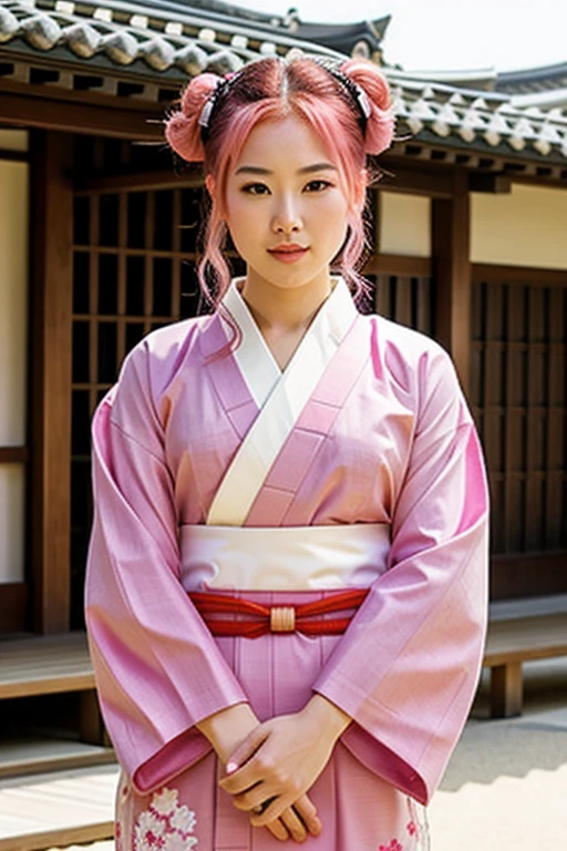 Draw me a hot samurai woman with pink hair With a yukata