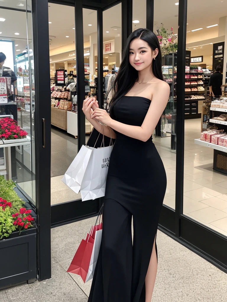 In a bustling mall in Manila、A beautiful young Filipino woman walking gracefully。She wore a simple and elegant dress.、Bright and healthy skin glowing。Her black, rous hair sways gently on her shoulders.、Her elegant smile accentuates her face even more.。holding a shopping bag、Looking curiously at the window displays、Every time I find a store I like, I stop by.。Blending in with the hustle and bustle of the surrounding area、It stands out with its attractive presence。