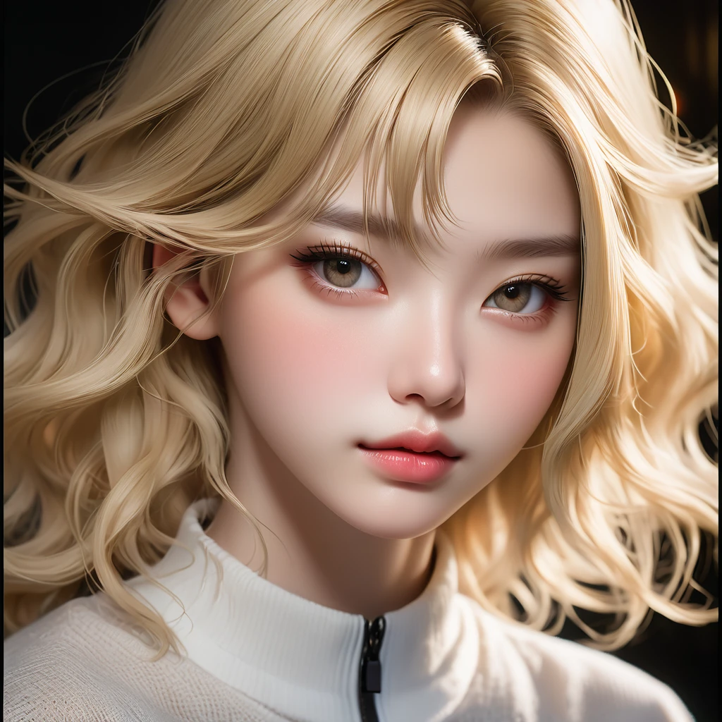 Meticulous, analog style, focus on the eyes, highest quality, (highly detailed skin), photo of very handsome pale skin Chinese donghua girl, 21 years old, (blonde hair), perfect face, pore skin, (penetration:0.5), black background, (bokeh:0.6), sharp focus, grainy lighting, (backlight:0.7), film grain, photographed with Sony A7R IV camera, 18mm F/1.7 cine lens, (highly detailed, intricate detail), 8k, HDR, front view, (upper body: 0.9)