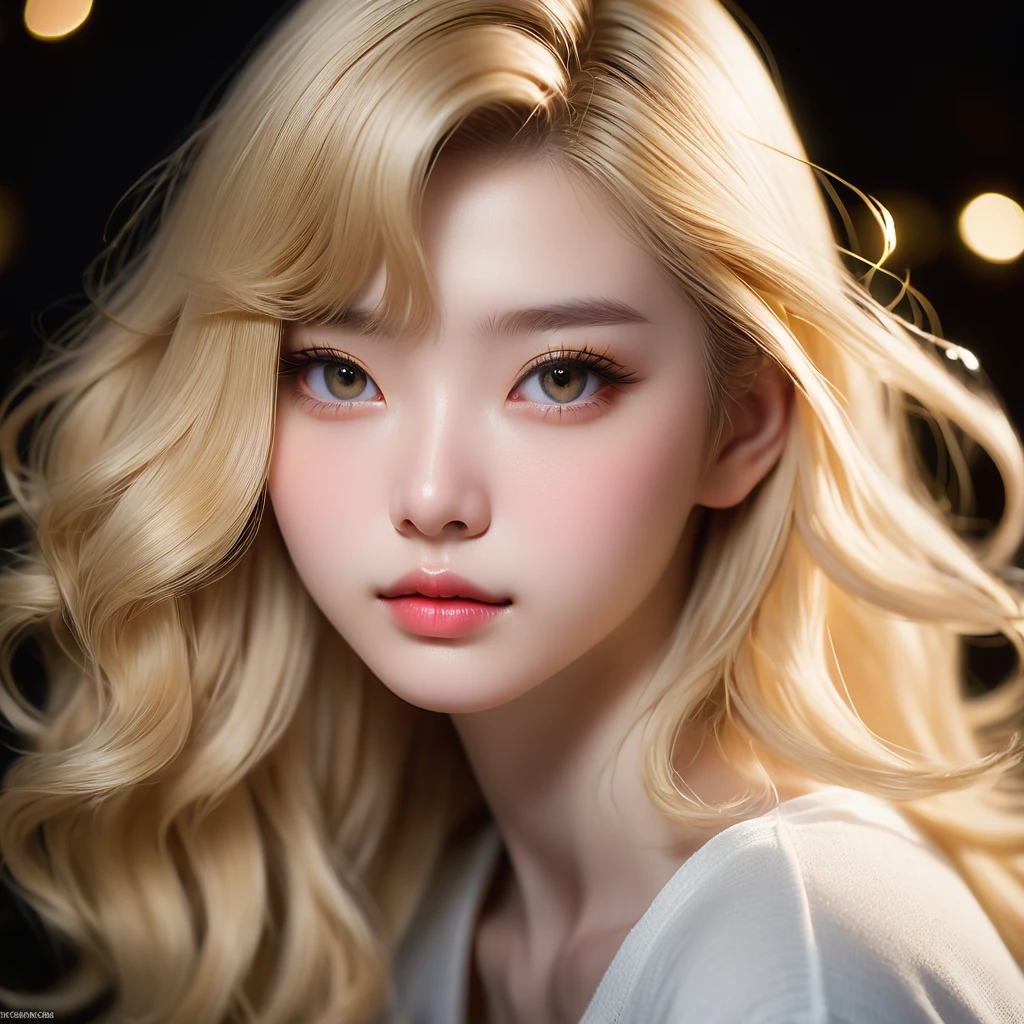 Meticulous, analog style, focus on the eyes, highest quality, (highly detailed skin), photo of very handsome pale skin Chinese donghua girl, 21 years old, (blonde hair), perfect face, pore skin, (penetration:0.5), black background, (bokeh:0.6), sharp focus, grainy lighting, (backlight:0.7), film grain, photographed with Sony A7R IV camera, 18mm F/1.7 cine lens, (highly detailed, intricate detail), 8k, HDR, front view, (upper body: 0.9)
