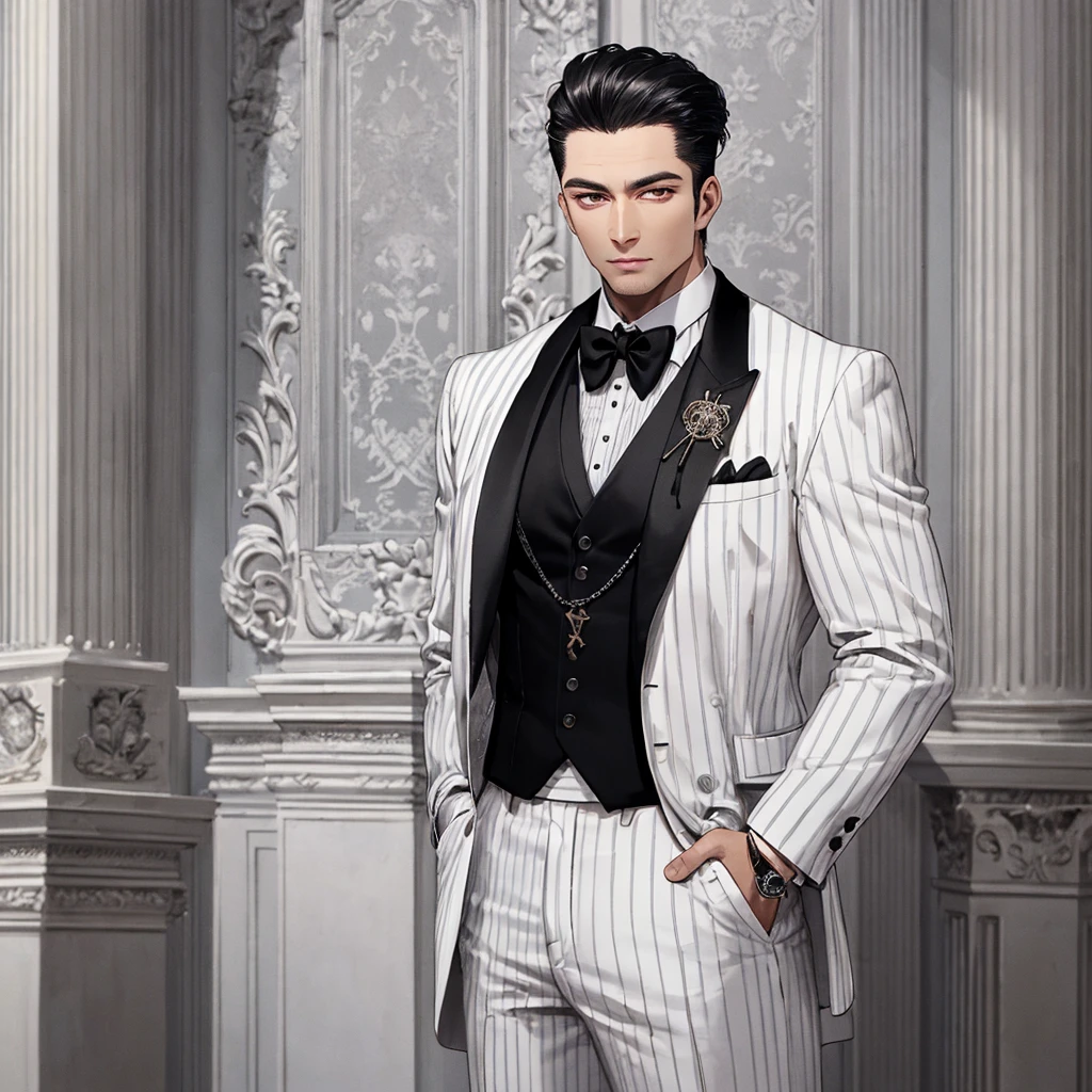 HD, Wallpaper Quality, uber quality, detailed eyes, detailed hair, detailed face, detailed hands, standing, random standing pose, Bigger Build, power lifter Build, Male, man in a butlers outfit, Tuxedo, Slicked back Hair, Black Hair, (((White stripe in hair))), pocket watch, Mansion Background, White floors, Columns,