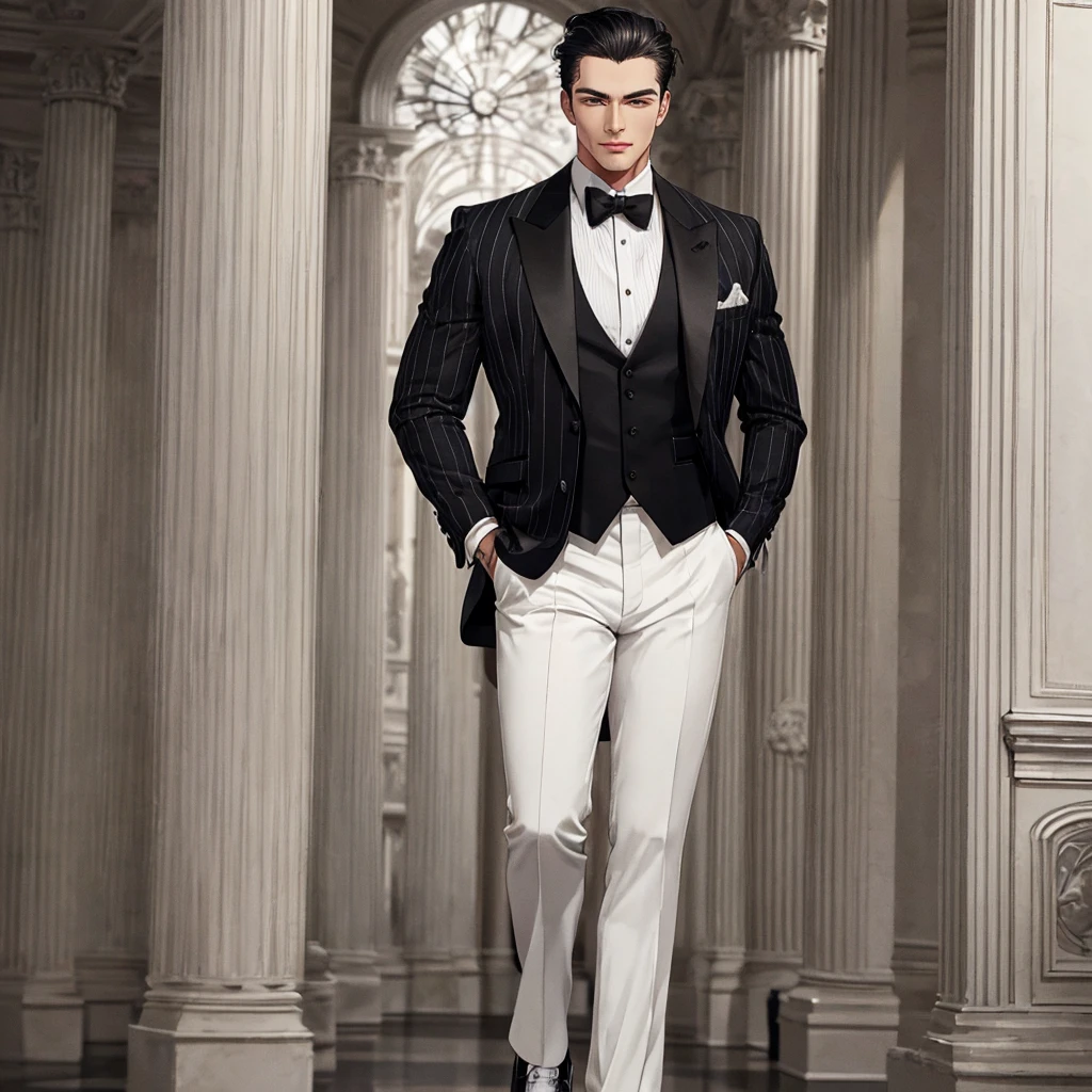 HD, Wallpaper Quality, uber quality, detailed eyes, detailed hair, detailed face, detailed hands, standing, random standing pose, Bigger Build, power lifter Build, Male, man in a butlers outfit, Tuxedo, Slicked back Hair, Black Hair, (((White stripe in hair))), pocket watch, Mansion Background, White floors, Columns, 