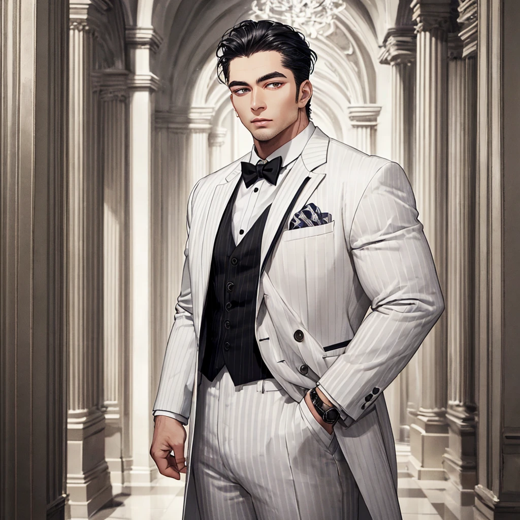 HD, Wallpaper Quality, uber quality, detailed eyes, detailed hair, detailed face, detailed hands, standing, random standing pose, Bigger Build, power lifter Build, Male, man in a butlers outfit, Tuxedo, Slicked back Hair, Black Hair, (((White stripe in hair))), pocket watch, Mansion Background, White floors, Columns, 