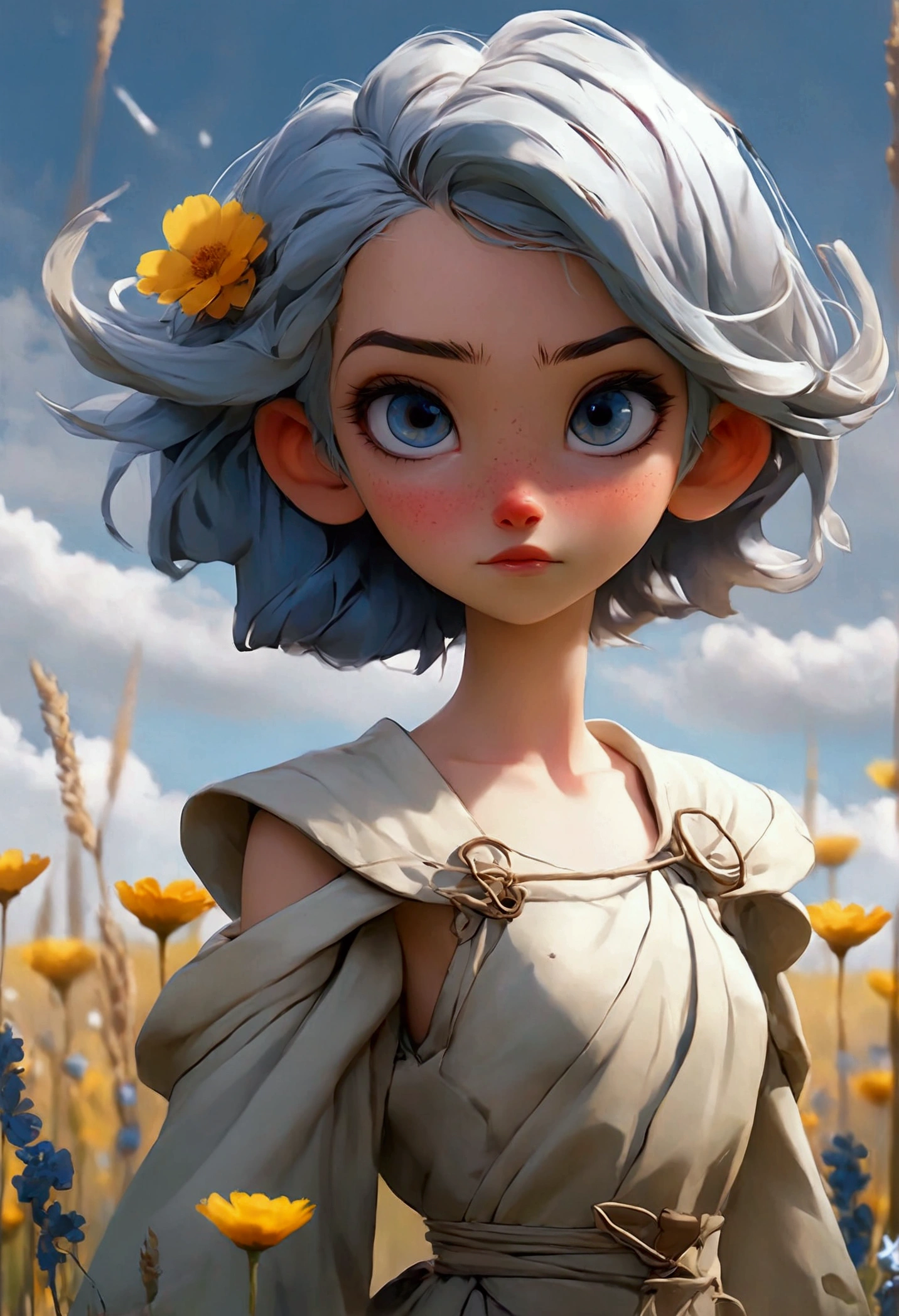 Tabletop, Highest quality,figure, wallpaper, Super detailed, Absurd beauty、1 beautiful girl、 (Medium Short Hair、Blue Hair), Very detailed beautiful blue eyes , Hair blowing in the wind、Keep your head small、Flower Field、great outdoors