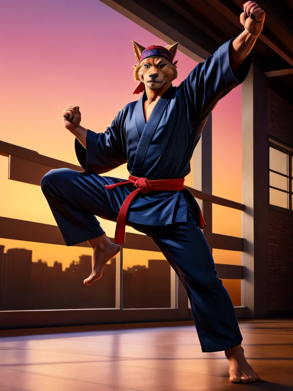 Barefoot Jason Clawson is doing a kick with his leg, wearing black karate kimono with red belt, red Headband bandana, long pants with heel grip, long karate kimono pants, training karate in gym, green glow in his eyes, brainwashed look. high resolution, anatomically correct, evening sky outside the window, swat kats character, martial art pose, heroic muay thai stance pose, fighting stance, kung-fu stance, high kick karate pose, full body action pose, black kimono, black long pants