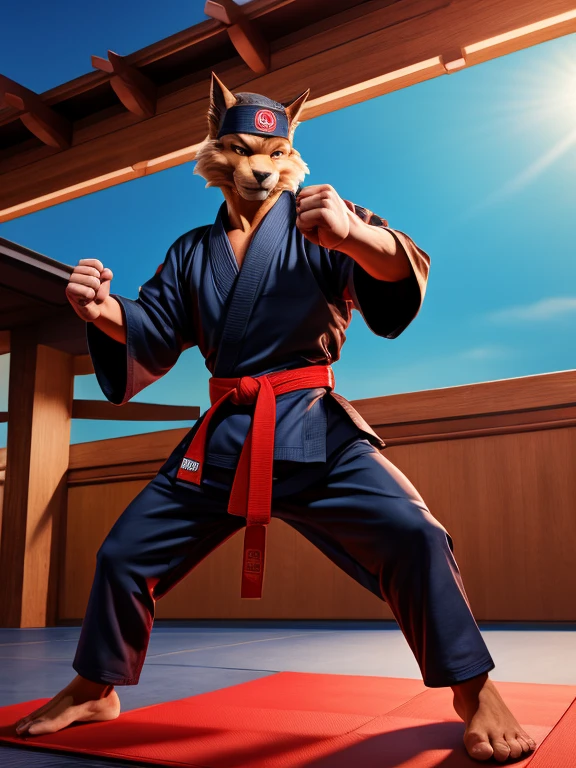 Barefoot Jason Clawson is doing a kick with his leg, wearing black karate kimono with red belt, red Headband bandana, long pants with heel grip, long karate kimono pants, training karate in gym, green glow in his eyes, brainwashed look. high resolution, anatomically correct, evening sky outside the window, swat kats character, martial art pose, heroic muay thai stance pose, fighting stance, kung-fu stance, high kick karate pose, full body action pose, black kimono, black long pants