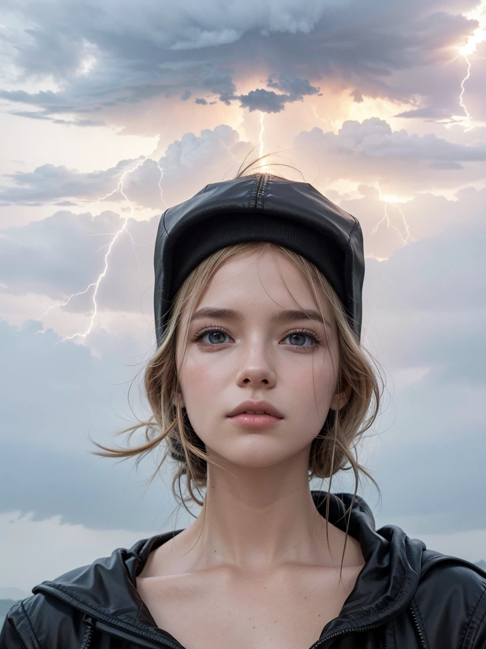 put a black hooded jacket in this image, leave it with lightning powers