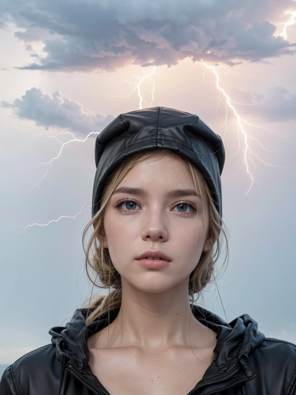 put a black hooded jacket in this image, leave it with lightning powers