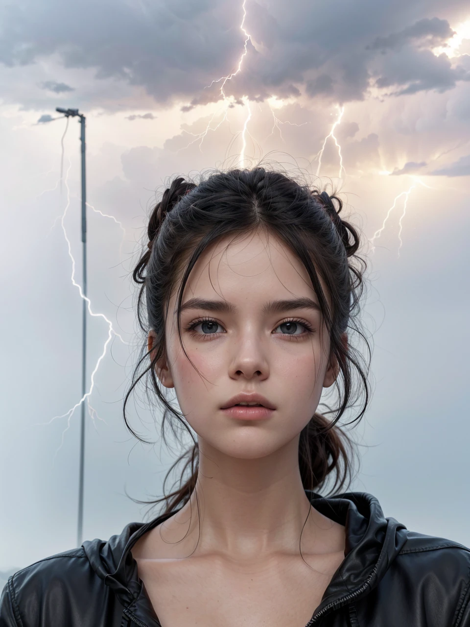 put a black hooded jacket in this image, leave it with lightning powers