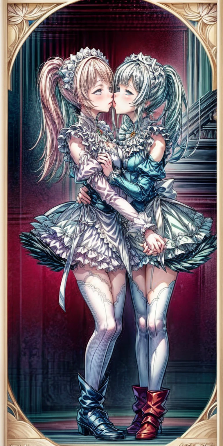 masterpiece, best quality, high quality, long hair, full body, def_effie, blue breastplate, white skin, looking at viewer, shiny, armor, thigh highs, high boots, shoulder armor, faulds, poleyn, gloves, gauntlets, (Felicia + Flora Maid outfit) 2girls together, standing next to each other, holding hands and hugging each other, french kiss, kiss, add details, very detailed