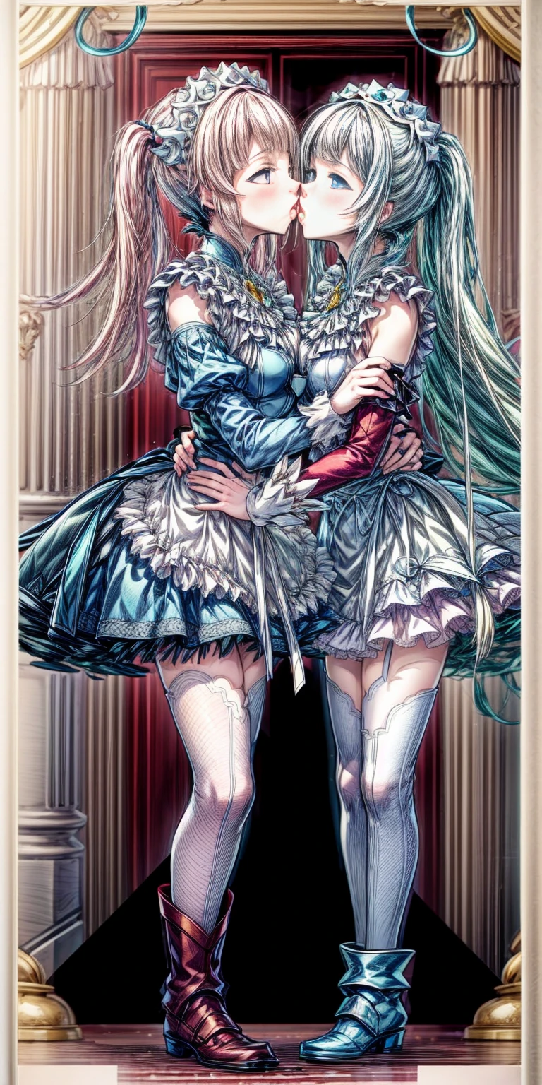 masterpiece, best quality, high quality, long hair, full body, def_effie, blue breastplate, white skin, looking at viewer, shiny, armor, thigh highs, high boots, shoulder armor, faulds, poleyn, gloves, gauntlets, (Felicia + Flora Maid outfit) 2girls together, standing next to each other, holding hands and hugging each other, french kiss, kiss, add details, very detailed