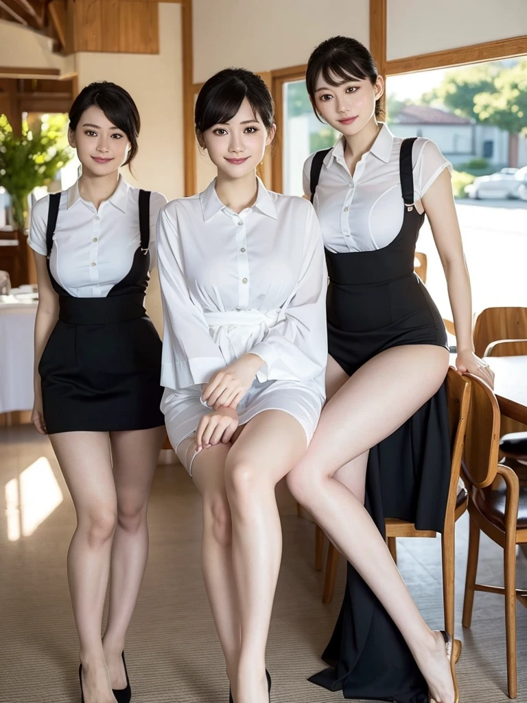 Highest quality、masterpiece、8k、Very detailed、Realistic、Looking at me with a smile、whole body、Black Hair、Short Hair、Small face、Slender、(Big Breasts)、Thin and beautiful legs、narrow and constricted waist,、Family Restaurant Uniforms