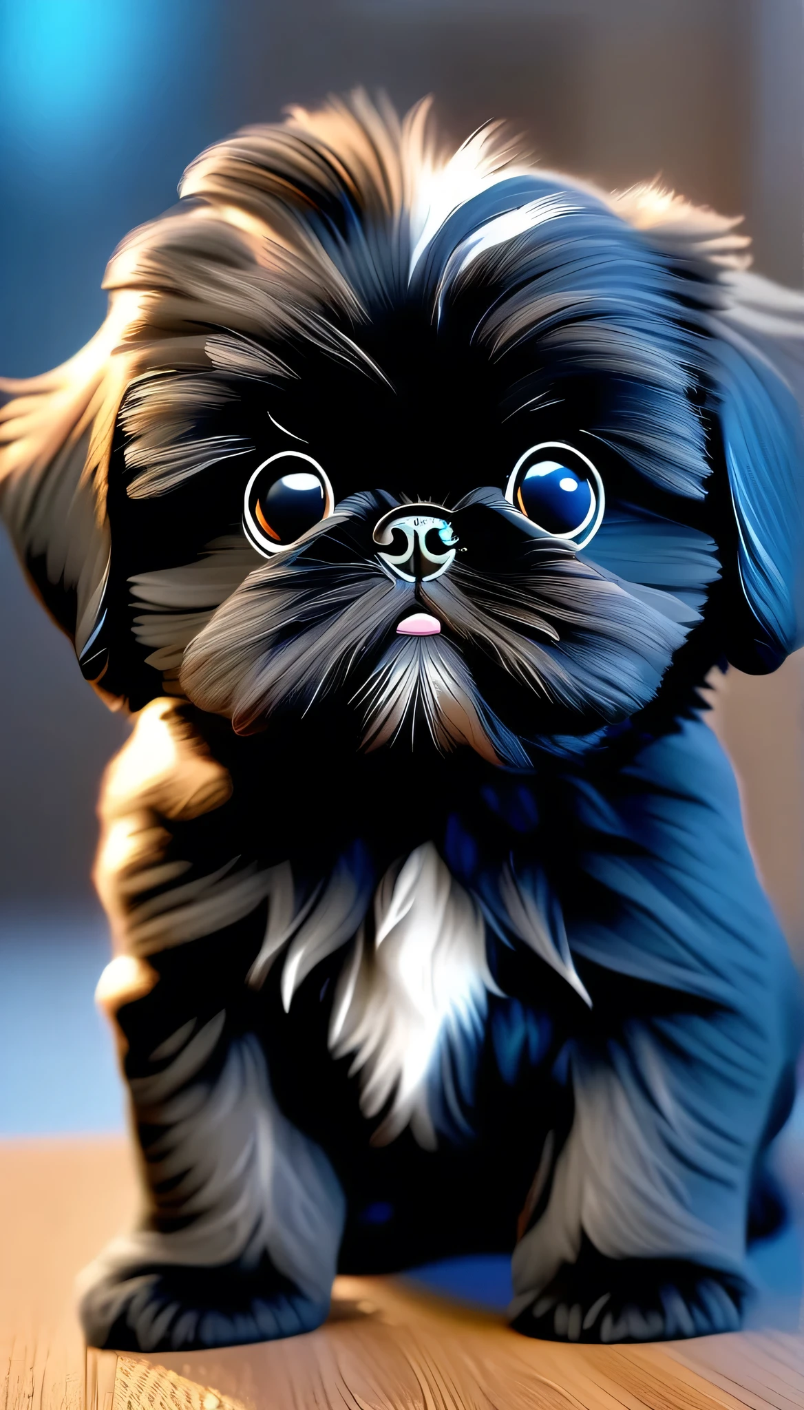 Adorable small black shih tzu puppy best quality,4k,8k,highres,masterpiece:1.2),ultra-detailed,(realistic,photorealistic,photo-realistic:1.37),vibrant colors,soft lighting,romantic atmosphere,cute expression,natural poses