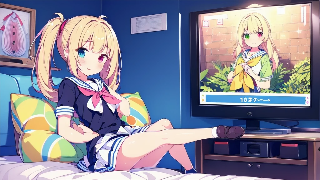 score_9, score_8_above, score_7_above, fountain_cheered up, 1 girl, Switchchan, heterochromia, sailor collar, , shirt, serafín, black thighs, Game control, holding Game control, Session, happy, television, looking at television, on one side,