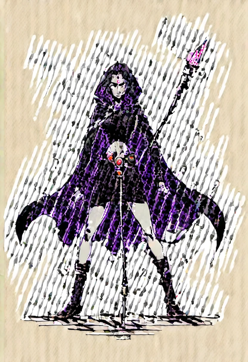 1 adult girl, Raven, black skin black leotard, black cloack, hooded cloak, sexy Greek knee-length skirt, booties, long flowing hair, wavy black hair, forehead jeauel, purples eyes, medieval belt, firm skin, standing, toned, breastsout, battle pose, delicate pose, perspective view(posando)), Lines of movement, portraite, b&au. Contour, whole body, holding a spear