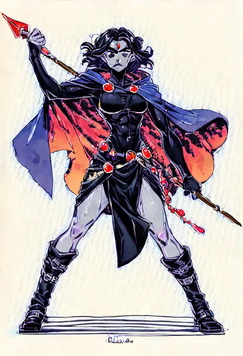 1 adult girl, Raven, black skin black leotard, black cloack, hooded cloak, sexy Greek knee-length skirt, booties, long flowing hair, wavy black hair, forehead jeauel, purples eyes, medieval belt, firm skin, standing, toned, breastsout, battle pose, delicate pose, perspective view(posando)), Lines of movement, portraite, b&au. Contour, whole body, holding a spear