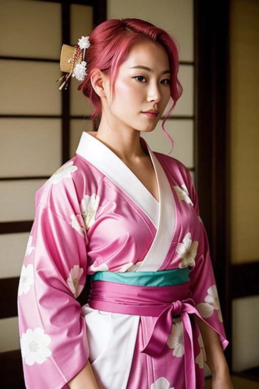 Draw me a hot samurai woman with pink hair With a yukata and love 