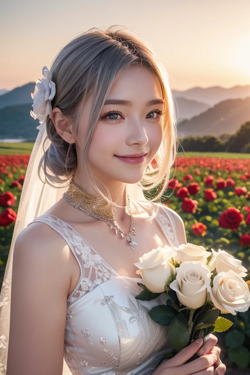 Overlooking, Panorama, perspective, Depth of written boundary, bust, Upper Body, Movie angle, Tabletop, Highest quality, Ultra-detailed, Hmph, 8k wallpaper, Beautiful Face, Delicate eyes, Landmines, alone, smile, Silver Hair, Golden Eyes, Fair skin, hair, Red scarf, White evening dress, Rose Field, Red flower, rose, Flower Field, petal, 舞い散るpetal, smile