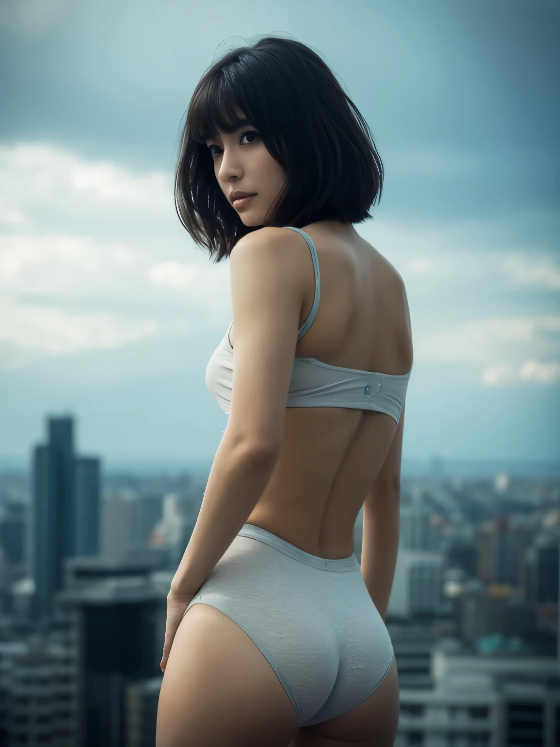 1 girl,Very beautiful 30 year old Japanese woman、Very short hair、Imagine、cleveage、wind、Overcast skies、Model-like figure、 external、shirt、Open your legs、High level of image quality、Best image quality、Look at the camera、Focus on the eyes、Camel toe，Bold、Blade Runner、View from below、thigh、butt、