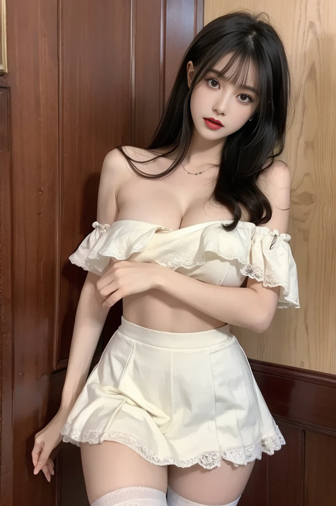 Clothes pull skirt pull dress pull shirt((Large Breasts)), ((F cup)), Visible cleavage，Nipple protrusion，Areola Black，Large areola，Highly detailed face and skin texture，((Bare shoulders)), Double eyelids，Skin Whitening，Long hair，Whitening long legs，Standing by the sea, Fashion Girl, Red lips, Sweet girl, Beautiful makeup, detail, lifelike, Very detailed, amazing, beautiful, Young and energetic, high quality，HD, rich and colorful， beautiful, Smooth skin, The skirt is very short, Official Art, Extremely detailed, atmosphere, Soft colors, Natural skin texture, Random Scenes, Random shooting angle, Black knee socks, Lace hem