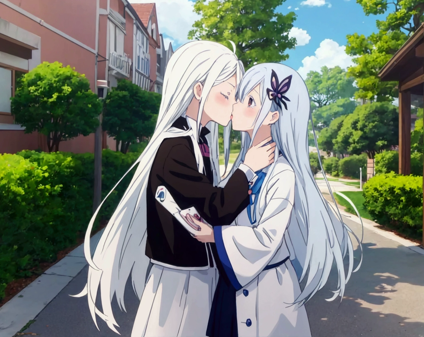 anime, kids, kids cute, couple kissing in the sky with birds flying overhead, kissing together cutely, romanticism lain, shoujo romance, sakimi chan, lovely kiss, kissing together, anime picture, in love, kissing, romantic!!!, anime, re:zero, echidna, subaru, making love, cute anime, beautiful anime, anime!!, anime wallaper, cielo hermoso, lagrimas de felicidad en la niña, echidna niña, pelo blanco, cejas gruesas blanca.