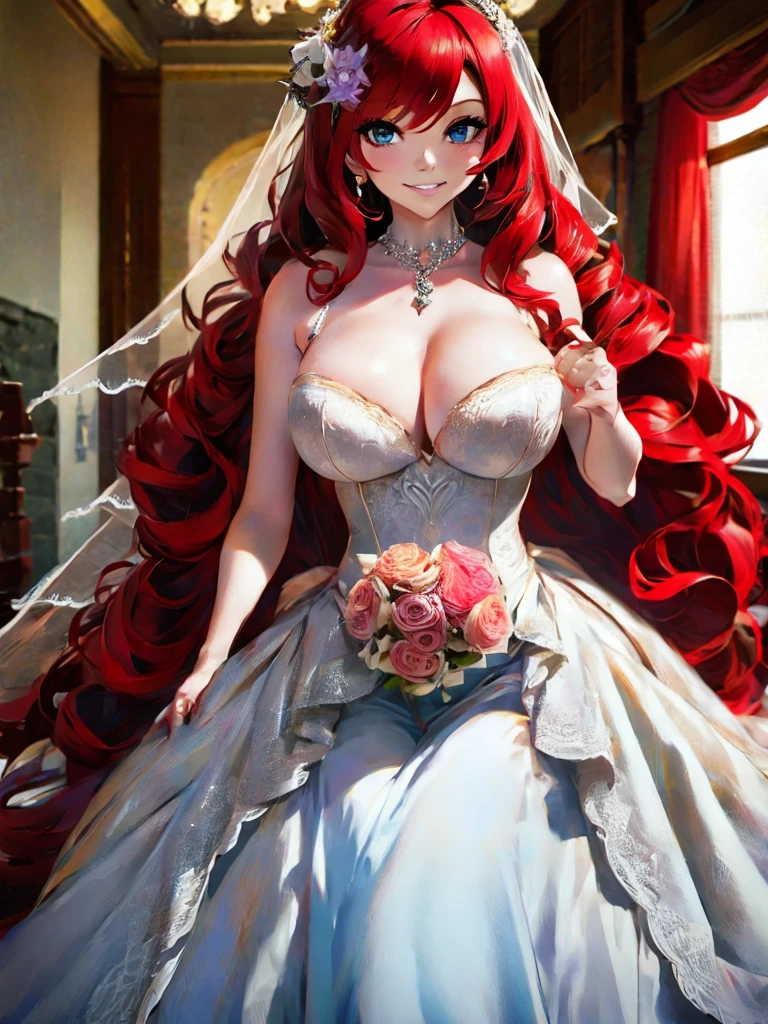 1girl, masterpiece, highres, sonicedges_rias_gremory,long red hair, ((wedding dress, room, bridal lingerie, wedding theme))