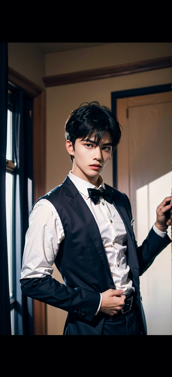 Best quality,masterpiece,ultra high res,photorealistic:1.4,1boy,light and shadow,1boy,male focus,solo,formal,black hair,bowtie,bow,shirt,suit,belt,pants,black pants,black suit,white shirt,indoors,short hair,hand in own hair,jacket,black bow,black bowtie,long sleeves,black belt,collared shirt,cowboy shot