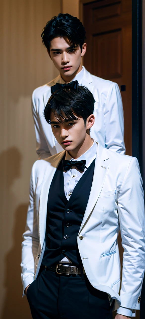 Best quality,masterpiece,ultra high res,photorealistic:1.4,1boy,light and shadow,1boy,male focus,solo,formal,black hair,bowtie,bow,shirt,suit,belt,pants,black pants,black suit,white shirt,indoors,short hair,hand in own hair,jacket,black bow,black bowtie,long sleeves,black belt,collared shirt,cowboy shot
