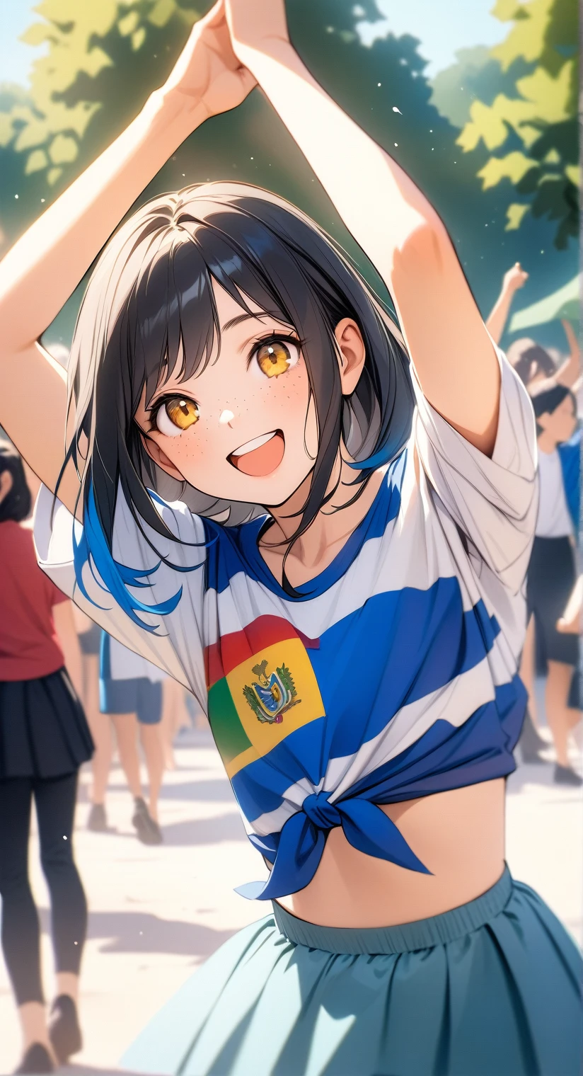 artwork) (Mega quality) (detailed). 1 girl, black hair,long, and blue tips, blue locks, yellow eyes, with freckles, happy, half body shot, dancing in a park environment, wearing a white tied shirt with the Nicaraguan flag in the middle, a black short,