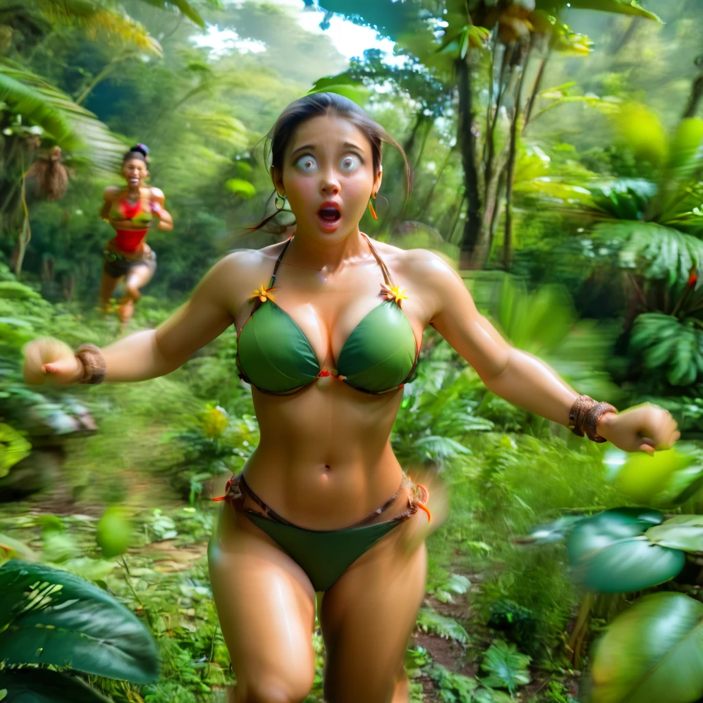 (Jungle Adventure:1.5)、Mangrove Forest、(Run_Motion Blur Effect:1.3)、Bikini-clad_woman、Surprised expression、Photographed from the front、Cowboy Shot、Lush tropical foliage、Dramatic lighting、Cinematic composition、Very detailed、Photorealistic、8k、masterpiece