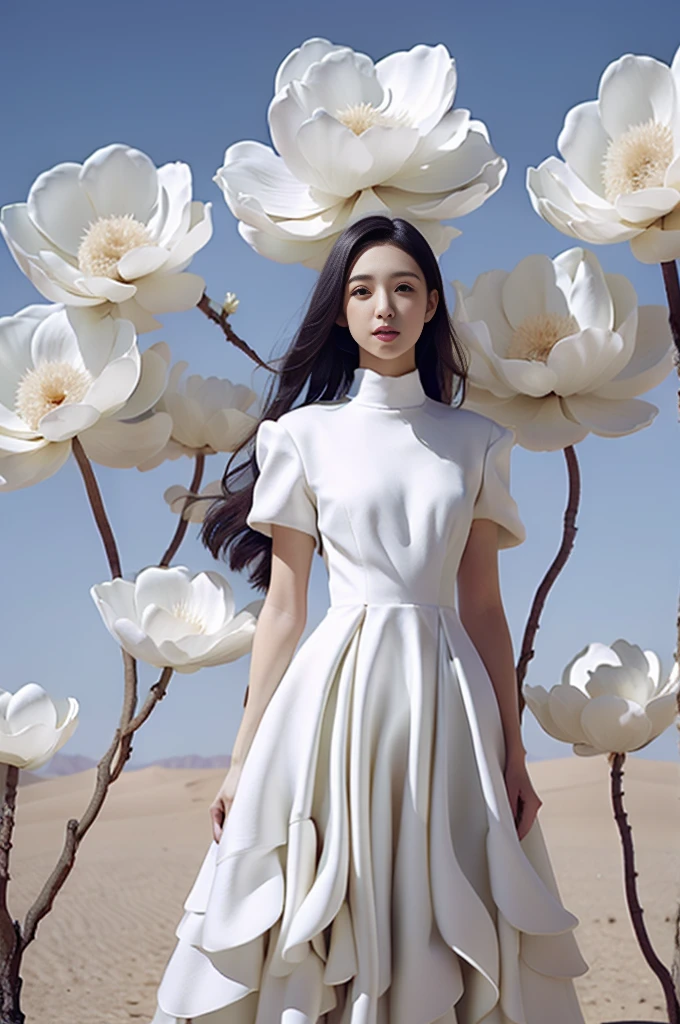 1 girl, dress, single person, white dress, black hair, flowers, arms on both sides, looking at the audience, blue sky, standing, short sleeves, sky, day, outdoors, long hair floating up