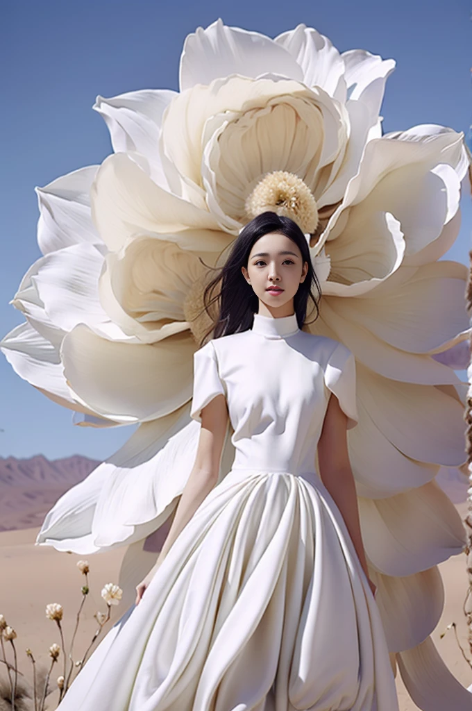 1 girl, dress, single person, white dress, black hair, flowers, arms on both sides, looking at the audience, blue sky, standing, short sleeves, sky, day, outdoors, long hair floating up