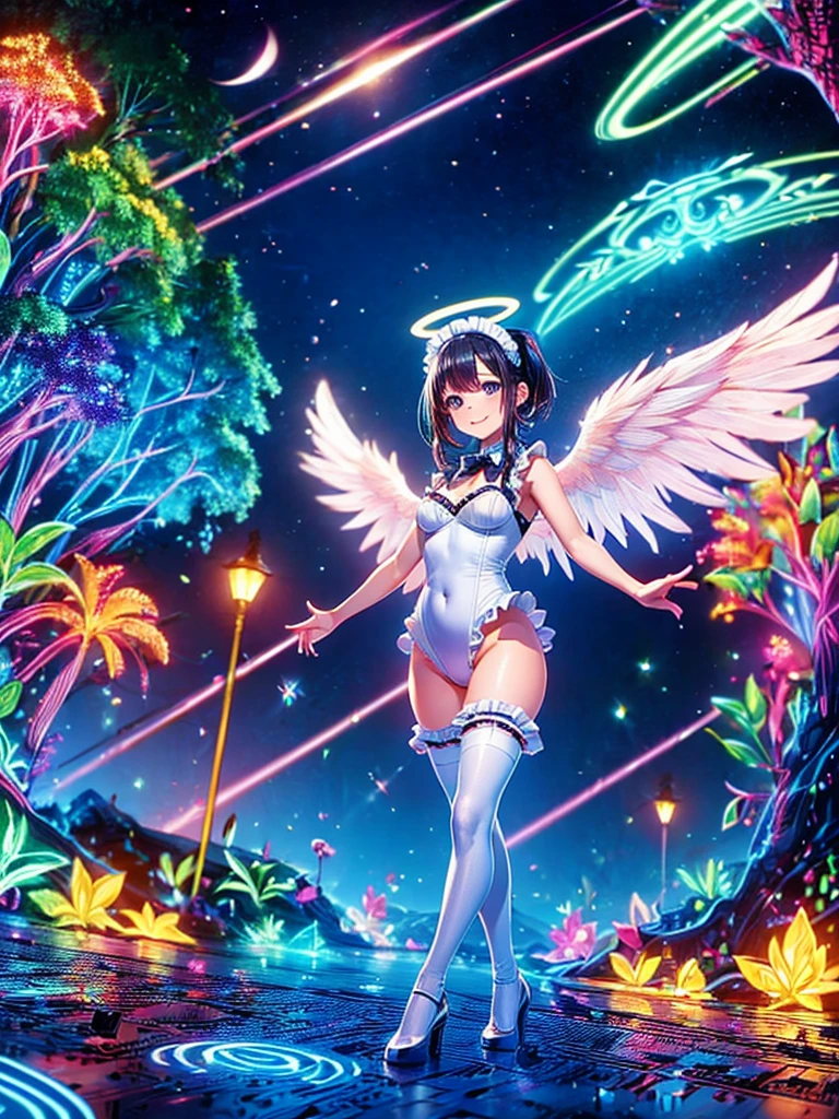 Highest quality,Highest Resolution,Smiling beautiful girl in maid leotard,White angel wings on your back,Halo,High leg,Frills,Knee-high stockings,front,whole body,up,universe,Milky Way,meteor,Very beautiful eyes,