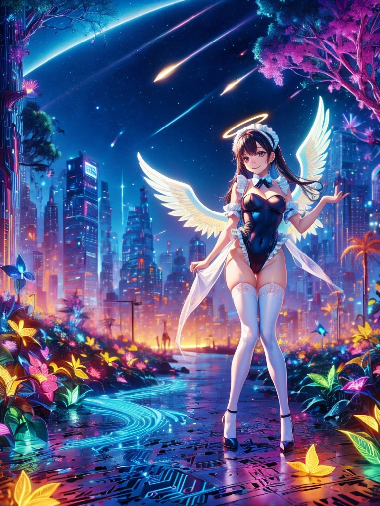 Highest quality,Highest Resolution,Smiling beautiful girl in maid leotard,White angel wings on your back,Halo,High leg,Frills,Knee-high stockings,front,whole body,up,universe,Milky Way,meteor,Very beautiful eyes,
