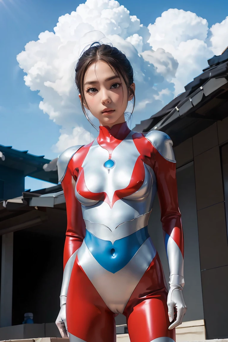 (((blue sky with cloud in background))), Ultraman、realistic、realistic、cinematic lighting, Girl in a shiny red and silver suit、18 years old、professional photo, Japanese model, Japanese cgi、Ultraman Suit、tight and thin cyber suit, Whole body rubbery delicate body, 、small ass、thin ths、thin arms、thin waist、camel toe、Both the cyber suit stick to the skin、Big eyes、black short hair、facing the front、facing the front、A glowing sphere is embedded in the chest.