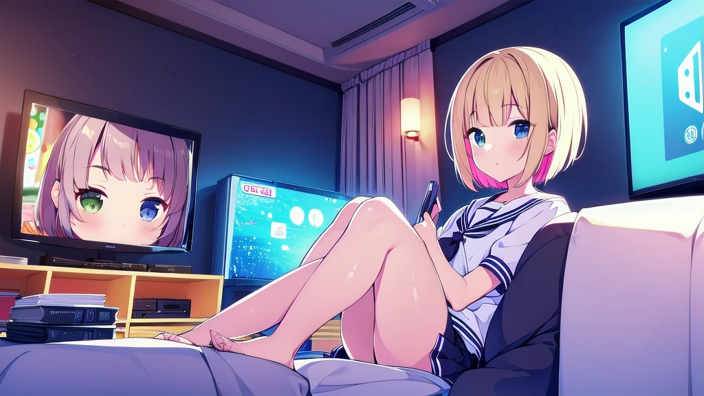 score_9, score_8_above, score_7_above, fountain_cheered up, 1 girl, Switchchan, heterochromia, sailor collar, , shirt, serafín, black thighs, Game control, holding Game control, Session, happy, television, looking at television, on one side,