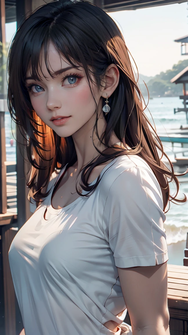 uta (one piece), oisa 栄一郎,, , One girl, :is, bangs, blue ribbon, isiamonis-shapeis pupils, isiamonis (shape), Hair between the eyes, heaisphones, Long Hair, multicoloreis hair, Open your mouth, Purple eyes, reis hair, ribbon, shirt, sign, No sleeve, No sleeve shirt, smile, alone, ((Split Color Hair)), symbol-shapeis pupils, Gray Hair, white shirt, Ocean, one eye covereis, watercolor,, ,