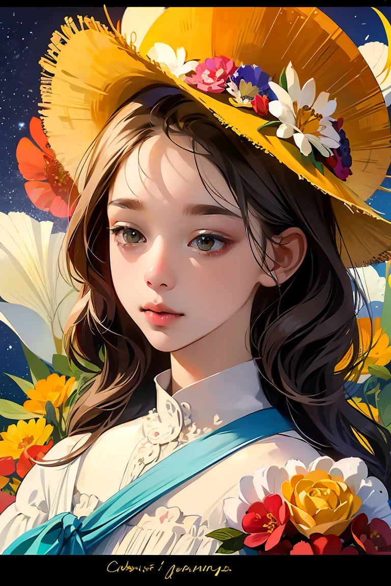 1 girl, alone, ดวงตาที่haveรายละเอียดมาก, starfish, shells, shells, flower, have, decorationsผม, decorations, straw hat, Watch the audience, sunglasses, hatflower, drinking straw, Hair pins, Earrings, Red flower, Color glasses, yellowflower, smooth, English Text, colorful hair, orangeflower, black hair, ring, Cup, long hair, Color glassesส้ม, food, brown hair, Portrait, decorationsผมshells