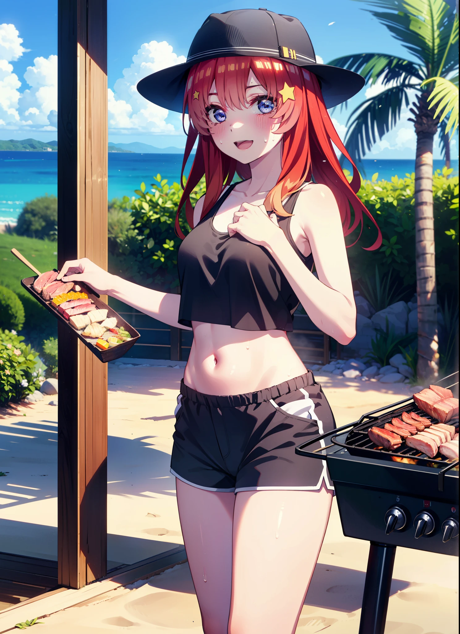 itsukinakano, Itsuki Nakano, bangs, blue eyes, Hair between the eyes, Redhead, star \(symbol\), hair ornaments, star hair ornaments,Baseball hats,happy smile, smile, Open your mouth,Red Tank Top,Belly button,Shorts,barefoot,Sweat,Beach,barbecue,cooking,Grilled meat,barbecue,Grilling meat,eating meat,Grilled meat,Palm tree,True Summer,Daytime,Clear skies,
break indoors, Beach,Sandy Beach,
break looking at viewer, (Cowboy Shot:1.5),
break (masterpiece:1.2), Highest quality, High resolution, unity 8k wallpaper, (figure:0.8), (Beautiful attention to detail:1.6), Highly detailed face, Perfect lighting, Highly detailed CG, (Perfect hands, Perfect Anatomy),