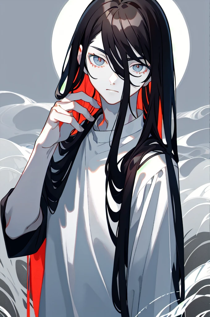 Masterpiece, best quality, 1 male, teenager, delicate eyes, long black hair, straight hair, fair skin, delicate face, calm expression, white shirt, ink landscape, gray, red