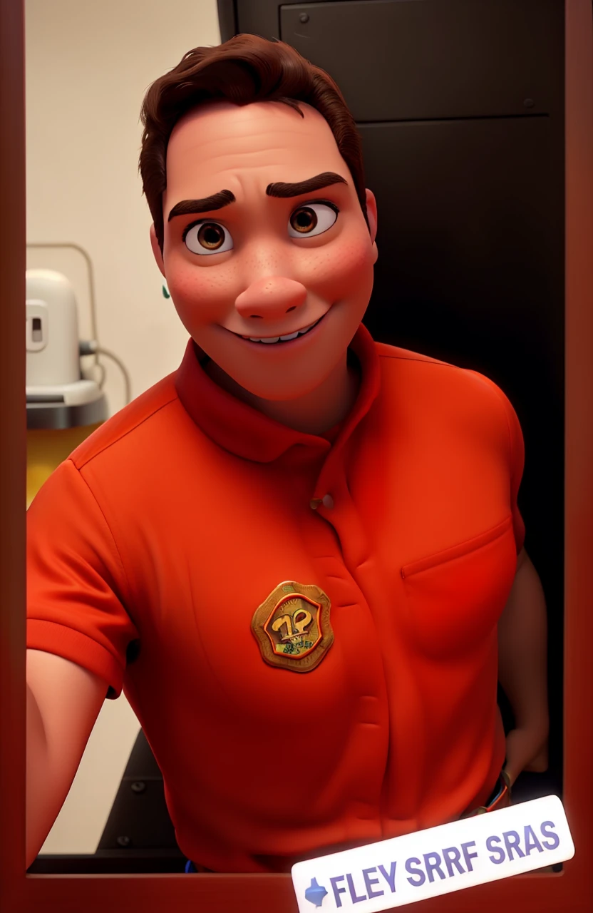Disney Pixar 3D, firefighter, brunette skin, fighting the fire