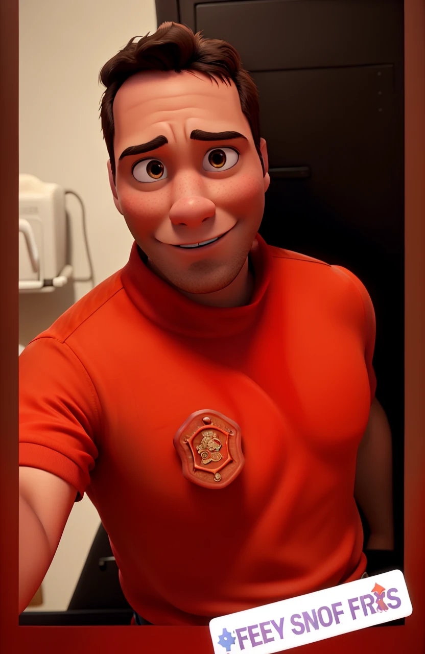 Disney Pixar 3D, firefighter, brunette skin, fighting the fire 