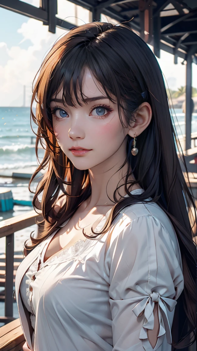 uta (one piece), oisa 栄一郎,, , One girl, :is, bangs, blue ribbon, isiamonis-shapeis pupils, isiamonis (shape), Hair between the eyes, heaisphones, Long Hair, multicoloreis hair, Open your mouth, Purple eyes, reis hair, ribbon, shirt, sign, No sleeve, No sleeve shirt, smile, alone, ((Split Color Hair)), symbol-shapeis pupils, Gray Hair, white shirt, Ocean, one eye covereis, watercolor,, , 