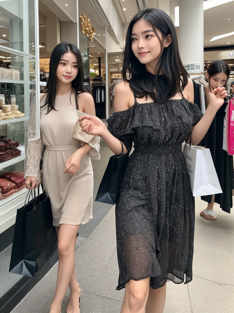 In a bustling mall in Manila、A beautiful young Filipino woman walking gracefully。She wore a simple and elegant dress.、Bright and healthy skin glowing。Her black, lustrous hair sways gently on her shoulders.、Her elegant smile accentuates her face even more.。holding a shopping bag、Looking curiously at the window displays、Every time I find a store I like, I stop by.。Blending in with the hustle and bustle of the surrounding area、It stands out with its attractive presence。