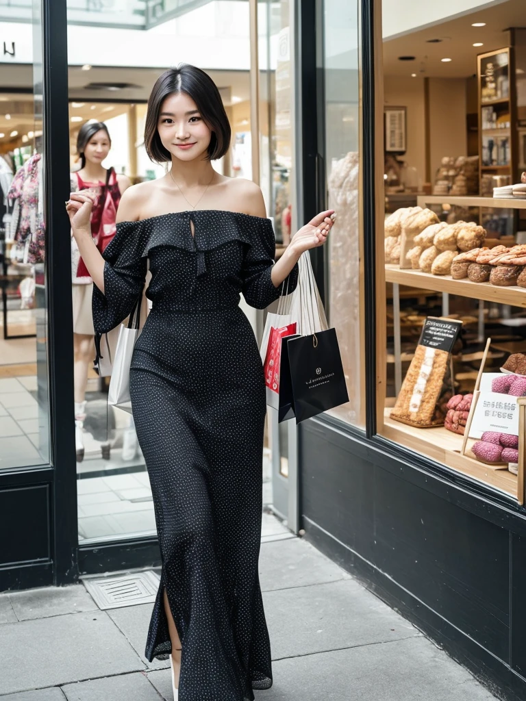 In a bustling mall in Manila、A beautiful young Filipino woman walking gracefully。She wore a simple and elegant dress.、Bright and healthy skin glowing。Her black, lustrous hair sways gently on her shoulders.、Her elegant smile accentuates her face even more.。holding a shopping bag、Looking curiously at the window displays、Every time I find a store I like, I stop by.。Blending in with the hustle and bustle of the surrounding area、It stands out with its attractive presence。