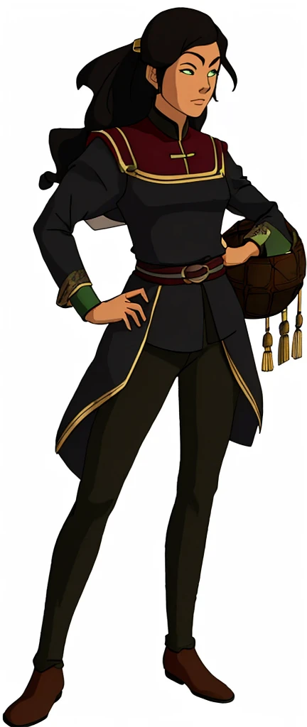 outfit that appears to be inspired by traditional East Asian clothing, particularly Chinese style with very short hair:
A dark green, short-sleeved top with a high collar and diagonal closures across the chest, reminiscent of a tangzhuang or similar Chinese jacket
The top has yellow or gold trim along the edges and closures
Dark, loose-fitting pants that are tucked into knee-high boots or leggings
A green sash or belt tied around his waist
Dark boots or shoes
The overall style suggests a martial arts or warrior-type character design, blending elements of traditional Asian clothing with a more stylized, animated look. The color scheme is predominantly green and black, with some yellow/gold accents.
The character is depicted in a dynamic pose, with one arm raised as if flexing or preparing to catch something. There's a large, round object (possibly a rock or boulder) above his raised hand.