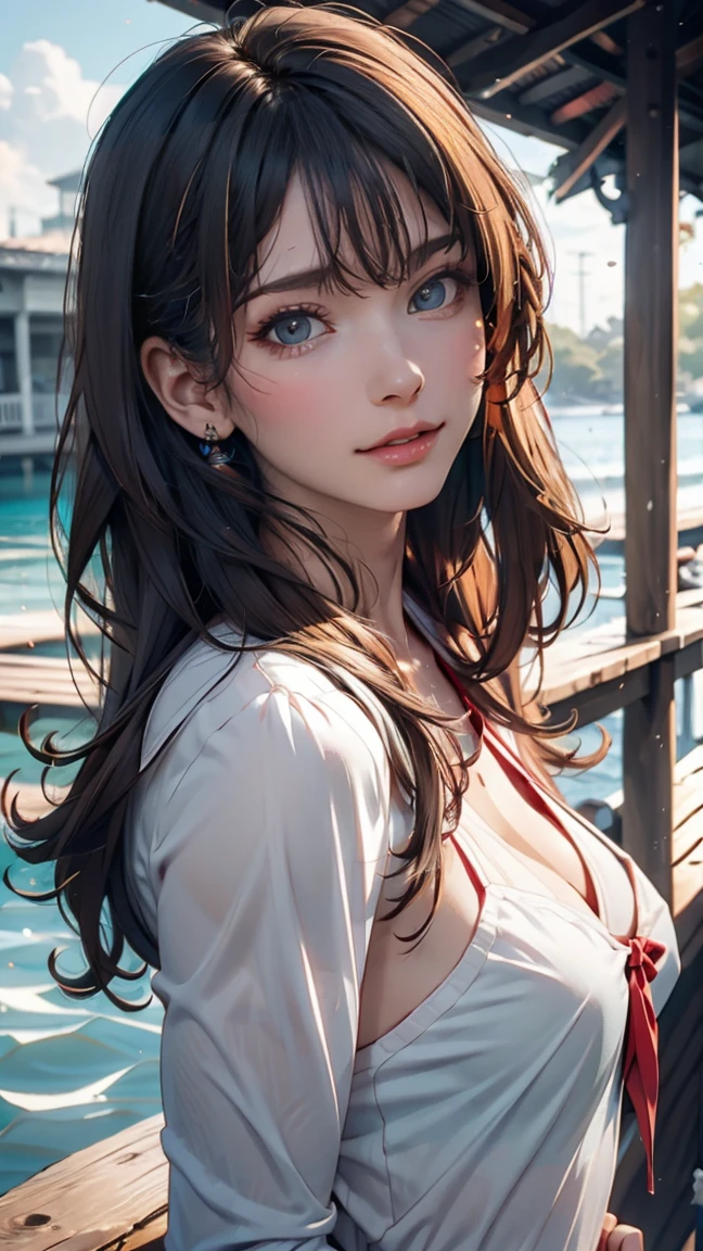 uta (one piece), oisa 栄一郎,, , One girl, :is, bangs, blue ribbon, isiamonis-shapeis pupils, isiamonis (shape), Hair between the eyes, heaisphones, Long Hair, multicoloreis hair, Open your mouth, Purple eyes, reis hair, ribbon, shirt, sign, No sleeve, No sleeve shirt, smile, alone, ((Split Color Hair)), symbol-shapeis pupils, Gray Hair, white shirt, Ocean, one eye covereis, watercolor,, ,